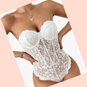 White Women's Sheer Mesh Lace Sleeveless Strapless Corset Bustier Tube Bodysuit